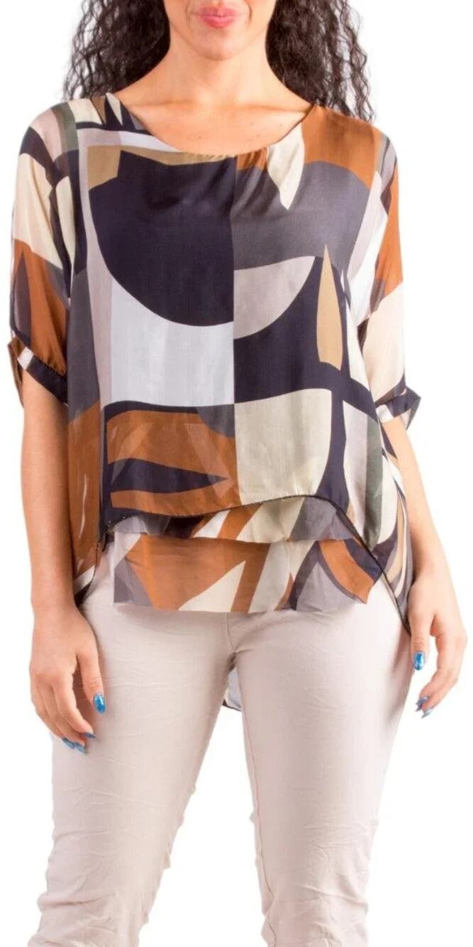 Gigi Moda Italian Silk Boho Abstract Kaftan Blouse Sheer Layered Flowy Tunic
